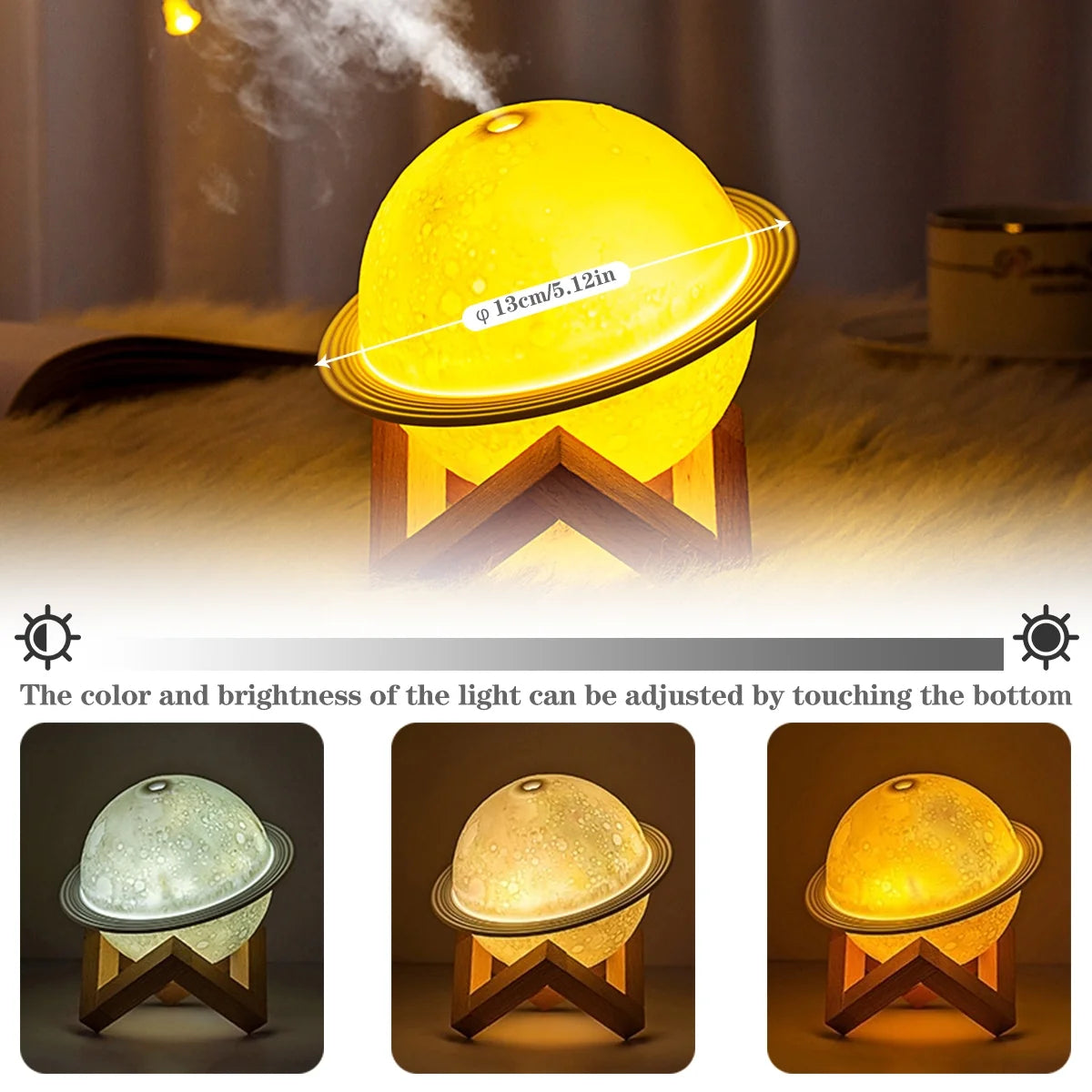 Moon Lamp Humidifier 3D Moon Night Light Air Humidifier with Wooden Stand USB LED Desk Humidifier Lamp Personal Small Humidifier Touch Control Galaxy Lamp for Home Office Party