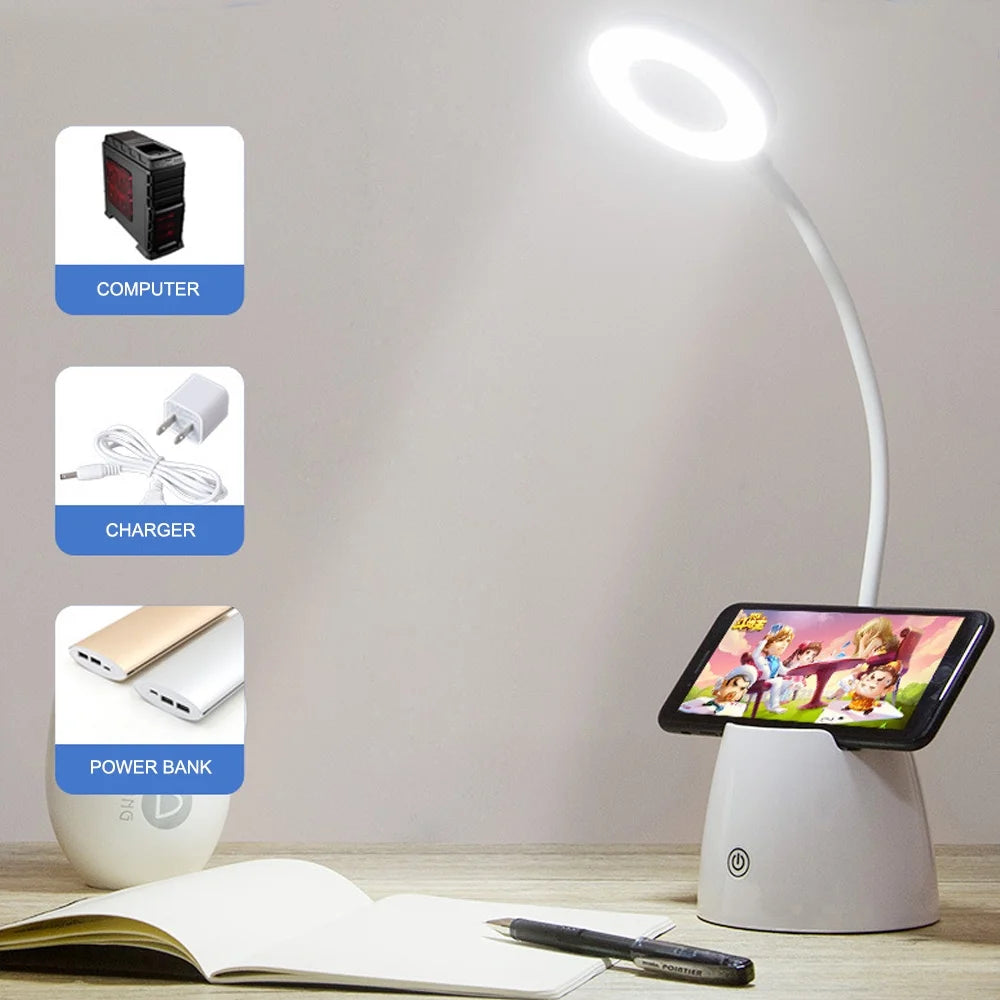 Desk Lamp LED USB Desktop Light with Pen Holder Flexible Touch Dimmable Memory Bed Read Table Study Light Able Powered