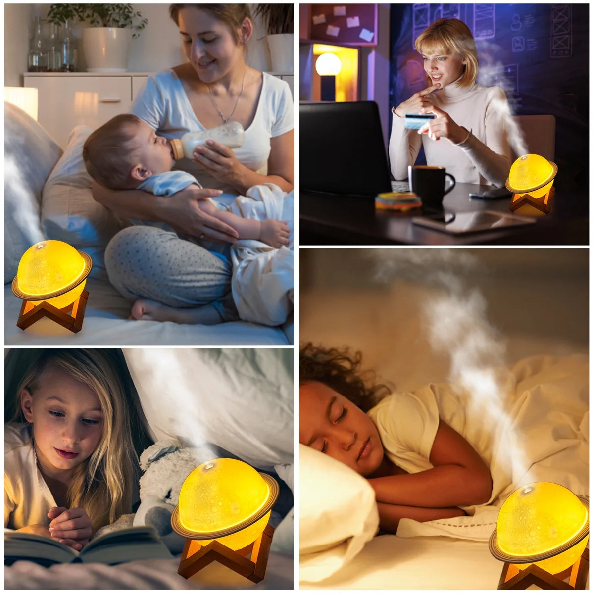 Moon Lamp Humidifier 3D Moon Night Light Air Humidifier with Wooden Stand USB LED Desk Humidifier Lamp Personal Small Humidifier Touch Control Galaxy Lamp for Home Office Party