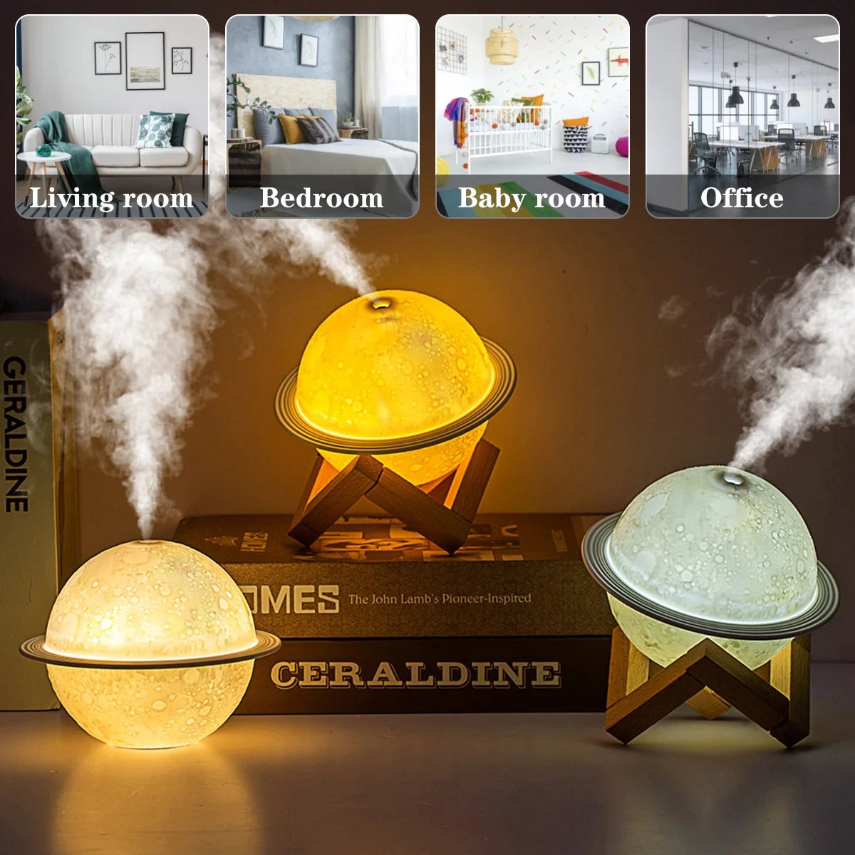 Moon Lamp Humidifier 3D Moon Night Light Air Humidifier with Wooden Stand USB LED Desk Humidifier Lamp Personal Small Humidifier Touch Control Galaxy Lamp for Home Office Party