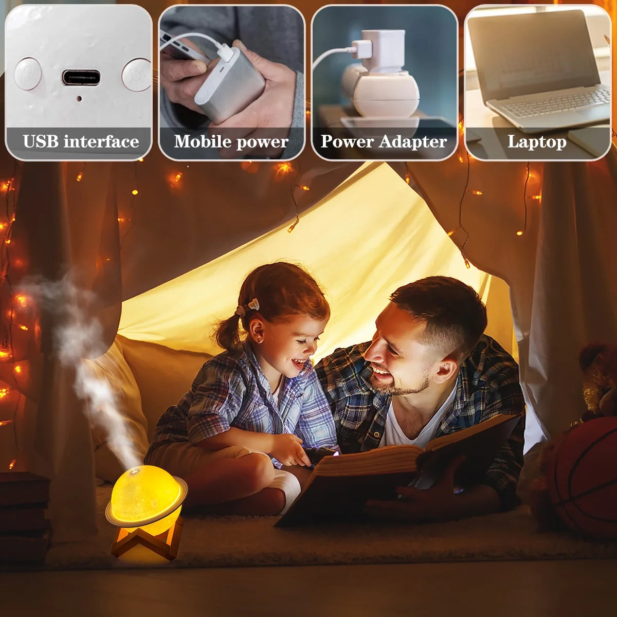 Moon Lamp Humidifier 3D Moon Night Light Air Humidifier with Wooden Stand USB LED Desk Humidifier Lamp Personal Small Humidifier Touch Control Galaxy Lamp for Home Office Party